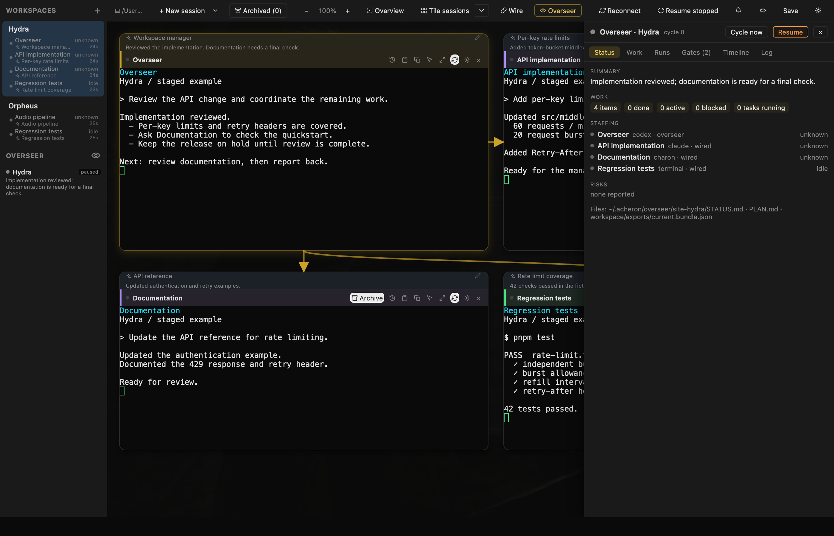 Acheron Overseer coordinating a project's implementation, documentation, and test work