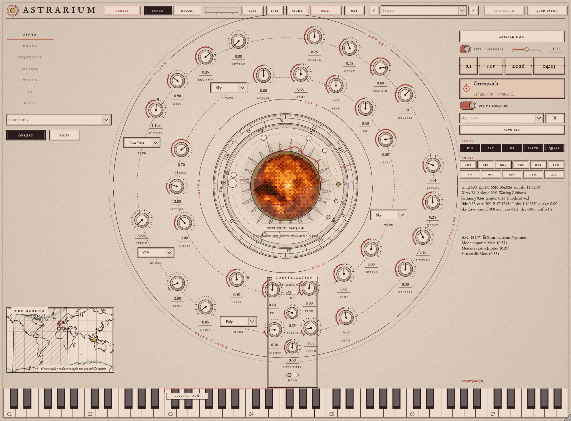 The orrery view: the sky at the centre, the synth dials on two rings around it
