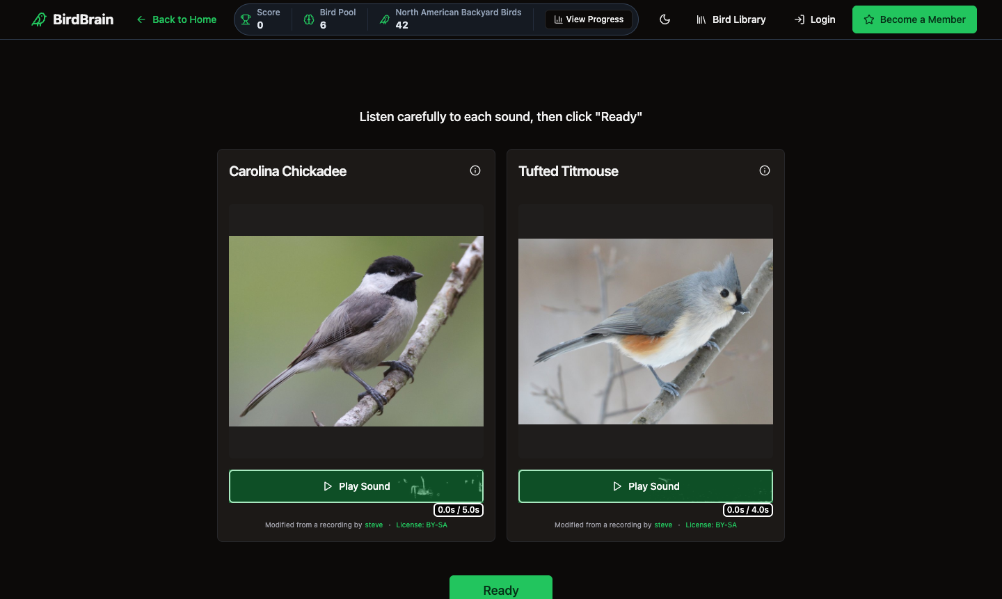Birdbrain Academy web lesson comparing Carolina Chickadee and Tufted Titmouse sounds