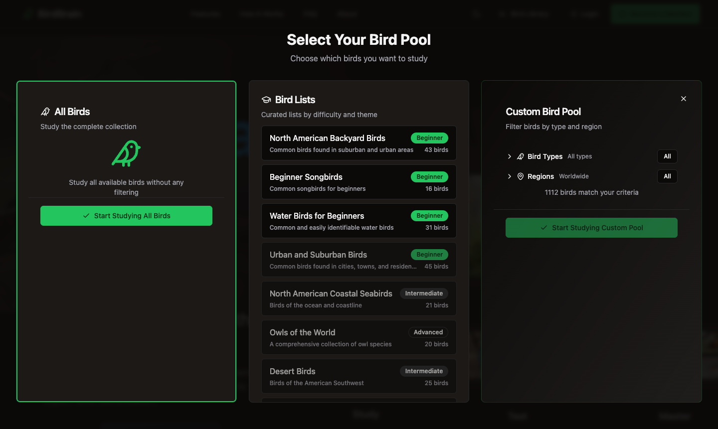 Birdbrain Academy web app with curated lists and custom bird-pool controls